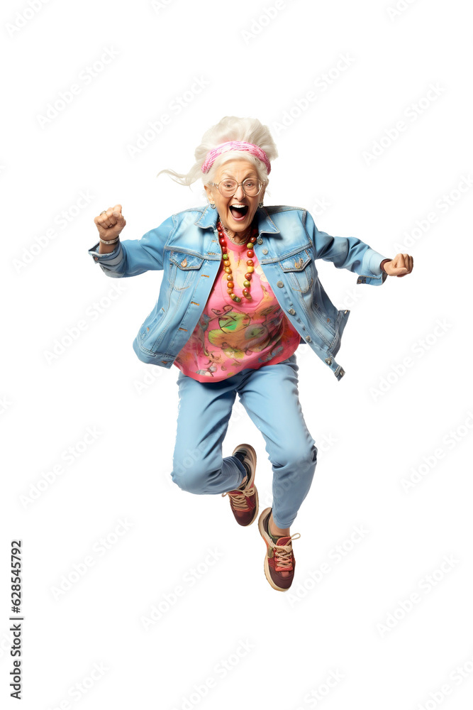 Senior woman in cool dress is jumping with happiness on transparent background.