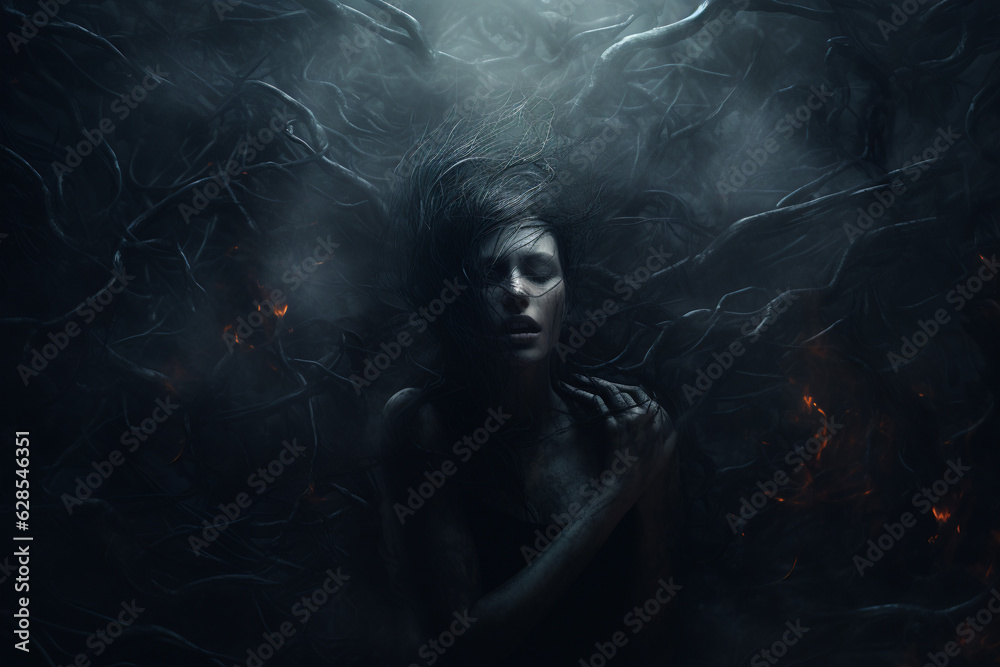 Anxiety concept: woman overtaken by anxiety, fear and depression, abstract, dark mood