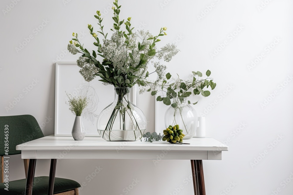 Decorated interior of a home. On a white background, a vase of spring flowers and branches with green leaves can be seen. Generative AI