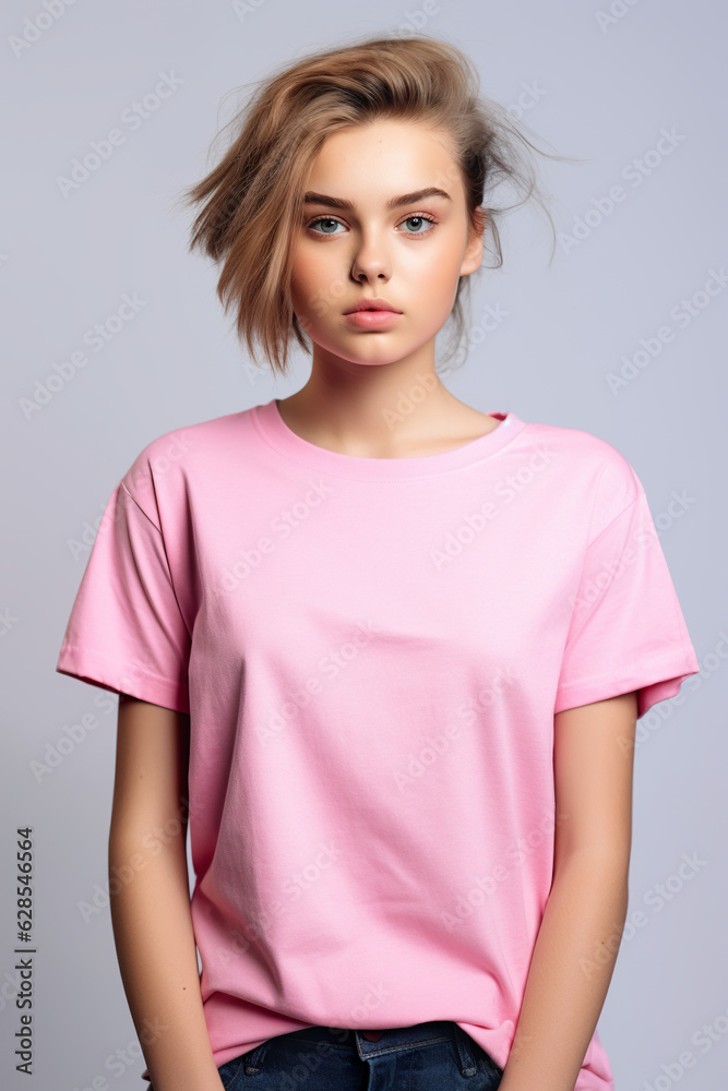 Pink t-shirt mockup for teens and young adults, model wearing blank tshirt with space for your design, lettering or logo. Pink t-shirt mockup for teens and young adults, model wearing blank tshirt with space for your design, lettering or logo.