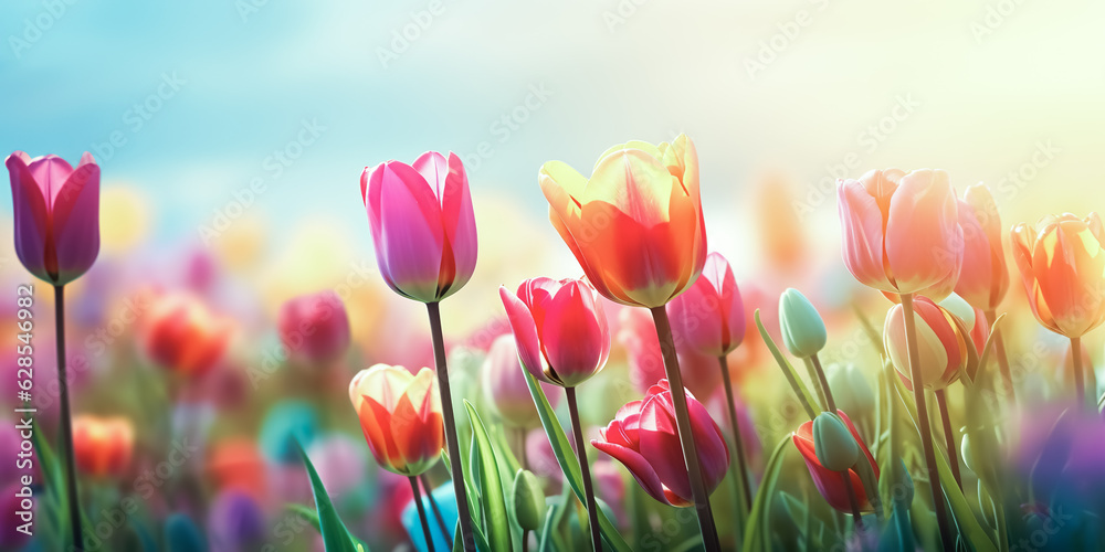 Selective focus.closeup of fantasy multicolor tulip flower blooming in garden with landscape meadow mountain view.nature spring background.generative ai art