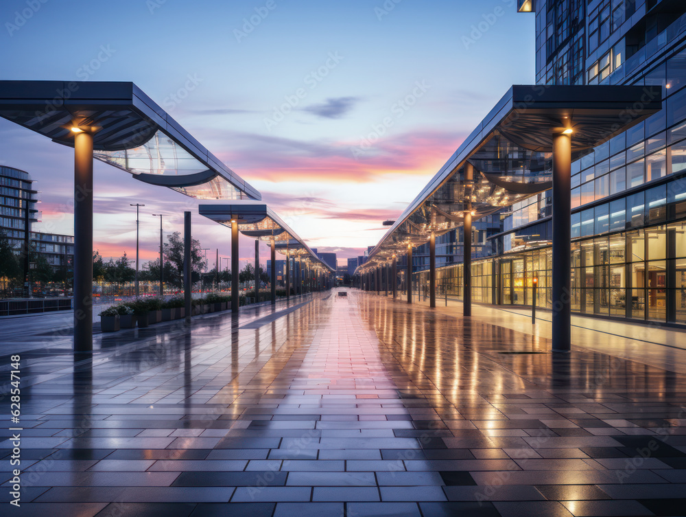 empty pedestrian walkway with city background empty pedestrian walkway with city background