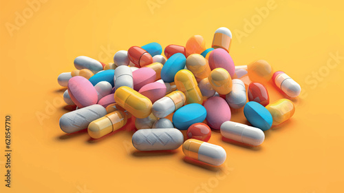 Multicolored pills isolated. Medicines, drugs for the treatment of patients. Pills baner vector illustration. Vitamins and drugs in bright capsules.