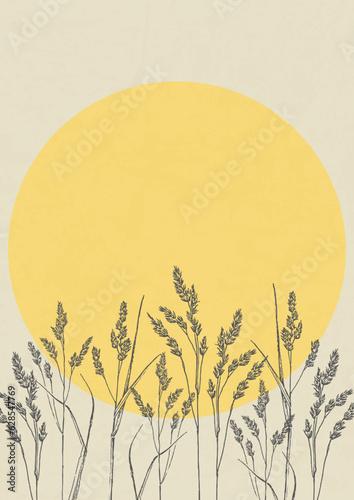 Aesthetic poster with grass and sun illustration