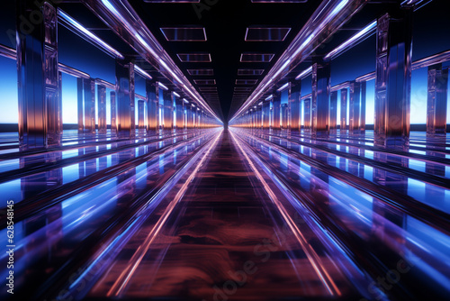 Glowing sci-fi corridor: Abstract 3D wallpaper with reflections. Generative AI © Muhammad Shoaib