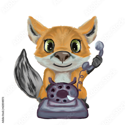 Cute fox and retro phone, drawing (ID: 628548173)