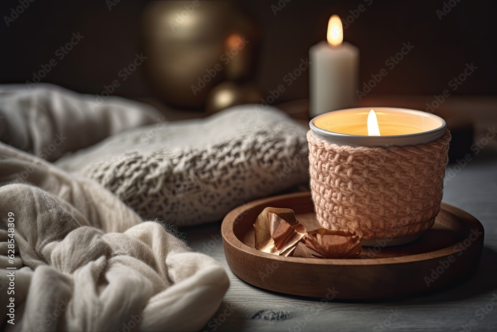 Elegant home décor with a candle with a wooden wick. Generative AI