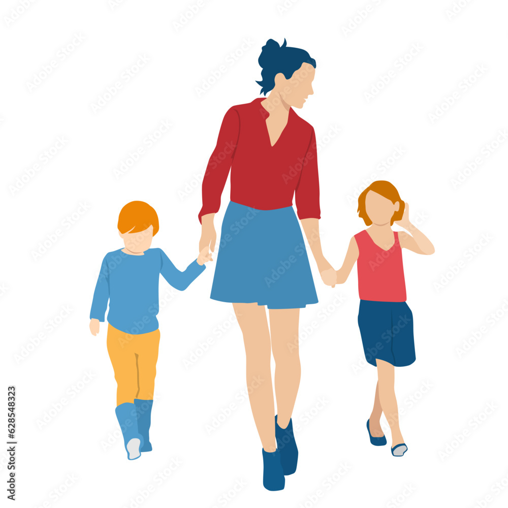  Set of young  woman with children, different colors, cartoon character, group of silhouettes of walking  people, family, the design concept of flat icon, isolated on white background