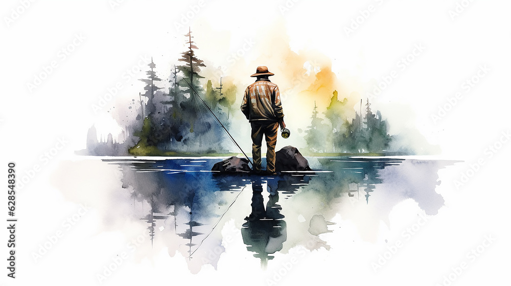 fisherman on a white background watercolor drawing poster.