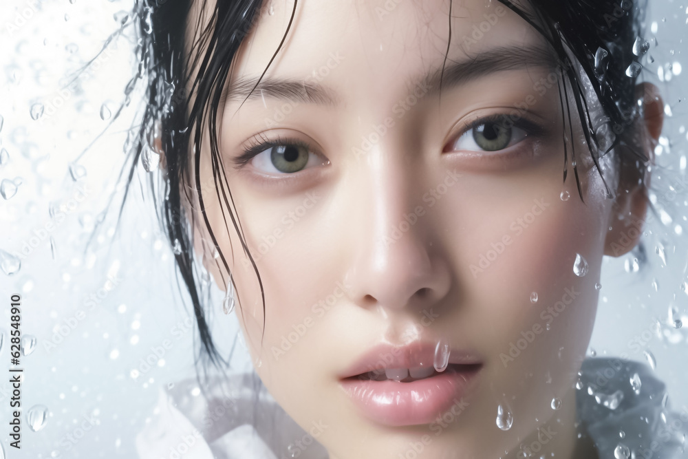 Vitality of this stunning close-up shot, where a captivating Asian girl's radiant smile is accentuated by playful water droplets and splashes, evoking a sense of pure delight. Generative AI.