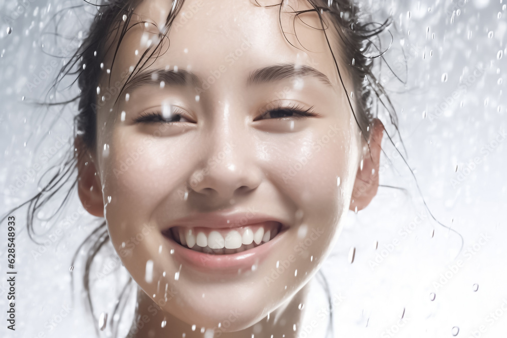 Vitality of this stunning close-up shot, where a captivating Asian girl's radiant smile is accentuated by playful water droplets and splashes, evoking a sense of pure delight. Generative AI. Vitality of this stunning close-up shot, where a captivating Asian girl's radiant smile is accentuated by playful water droplets and splashes, evoking a sense of pure delight. Generative AI.