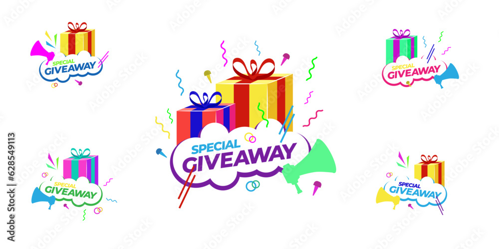 Giveaway Banner Set Template Of Gift Boxes And Button. Giveaway Banner Template, Gift Box