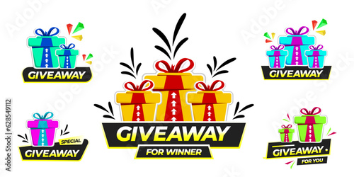 Giveaway For Winner Banner Set element Design Template. With Bright gift boxes