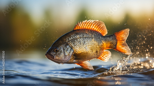 Perch leaping out of a lake; background with empty space for text 