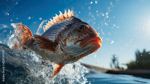 Snapper jumping out of the water  background with empty space for text   