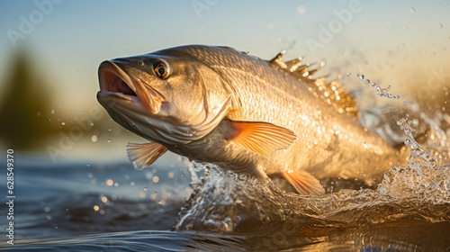 Snook leaping out of the water; background with empty space for text    photo