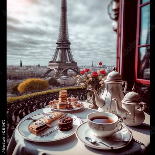 Breakfast on the table  view from the window on the Eiffel Tower  Paris.
