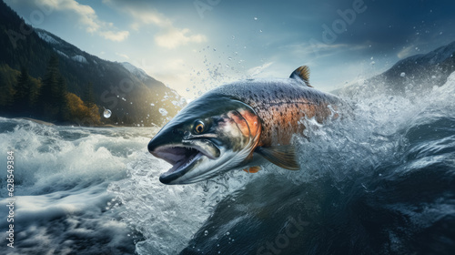 Salmon jumping out of a river; background with empty space for text 