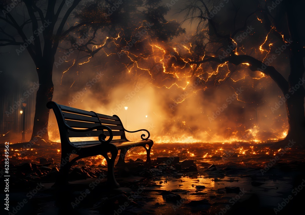 Fire breaks out at a park and there are benches there, in the style of science - fiction