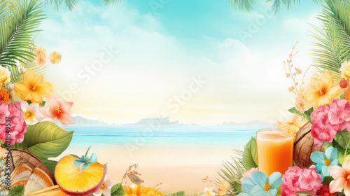 Horizontal summer background with tropical drink and flowers and the sea on the background. For banners, flyers, covers and other summer projects.