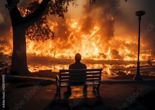 Fotografia Fire breaks out at a park and there are benches there, in the style of science -