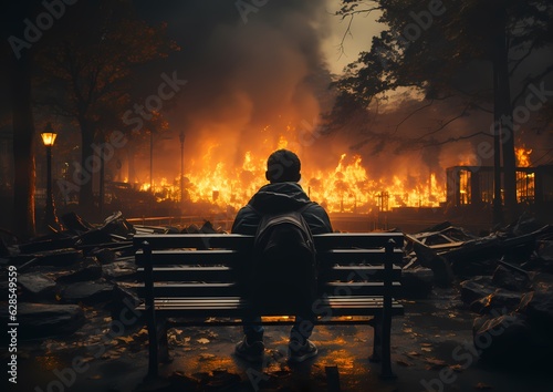 Fotografija Fire breaks out at a park and there are benches there, in the style of science -