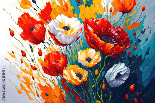 Red poppies flowers background, oil painting style illustration.