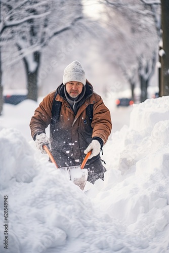 Snow removal. Man clearing snow by shovel after snowfall. Outdoors. Generative AI.