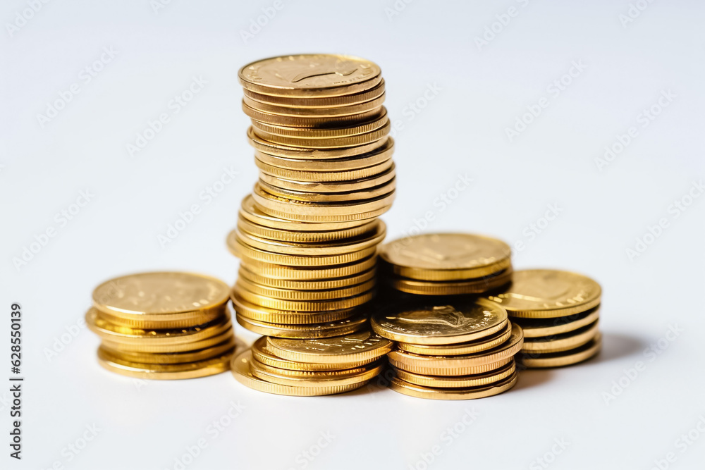 Golden coins rain down on a pristine white floor in a studio setting, reflecting light from powerful studio lights against a clean white background. Alternative AI. Golden coins rain down on a pristine white floor in a studio setting, reflecting light from powerful studio lights against a clean white background. Alternative AI.