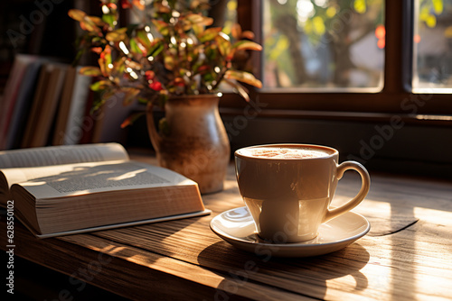 Relaxing with literature: Close-up of books, coffee cup, high detail. Generative AI