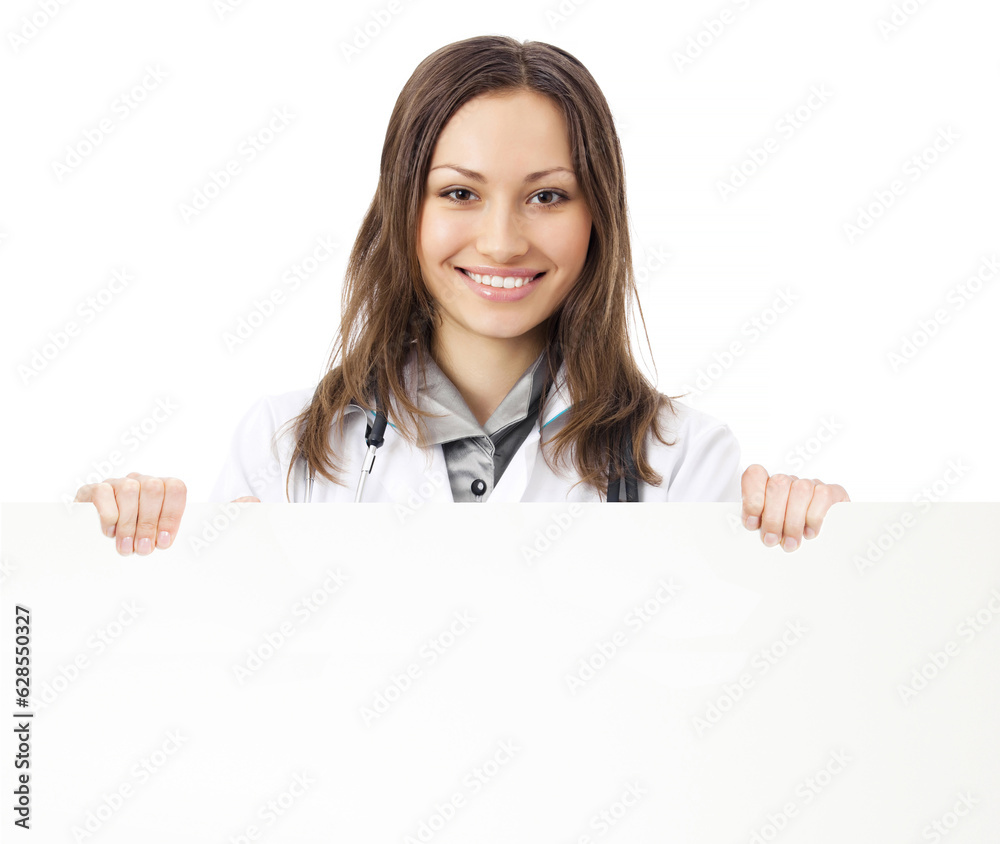 Portrait of happy smiling young female doctor showing blank signboard, isolated over white background Portrait of happy smiling young female doctor showing blank signboard, isolated over white background