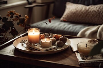 Details of a still life in a home's living room. a serving platter with a cup of tea and candles. Read and take a nap. cosy house. Generative AI