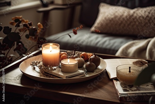 Details of a still life in a home's living room. a serving platter with a cup of tea and candles. Read and take a nap. cosy house. Generative AI
