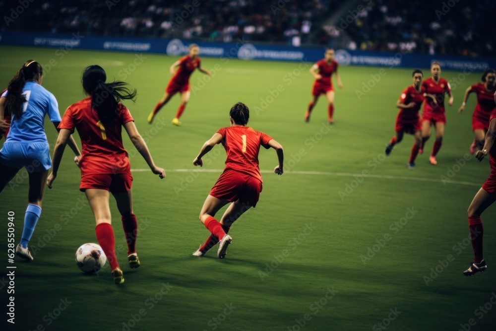 Woman soccer player wearing in uniform battle action in soccer stadium, Generative Ai content. Woman soccer player wearing in uniform battle action in soccer stadium, Generative Ai content.