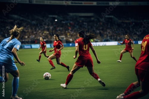 Woman soccer player wearing in uniform battle action in soccer stadium, Generative Ai content.
