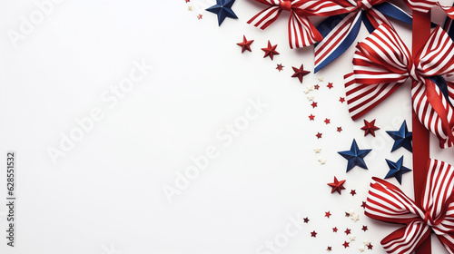 AI generated. Columbus Day, patriot day, 4th of july card, poster, background. Flat lay composition with United states decorations and ribbon on white background. Copy space is available.