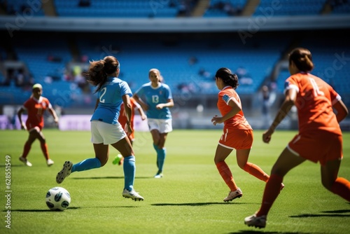 Woman soccer player wearing in uniform battle action in soccer stadium, Generative Ai content. photo
