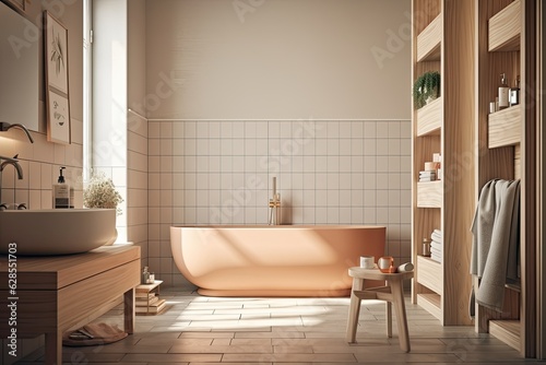 Interior of a bathroom in the sun with a bathtub  a chair  and body care items in a wall niche. Interior minimalism design idea. Mockup. Toned picture. Generative AI