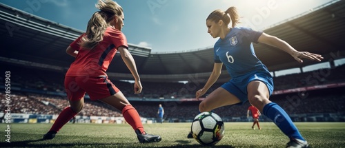 Woman soccer player wearing in uniform battle action in soccer stadium, Generative Ai content. photo