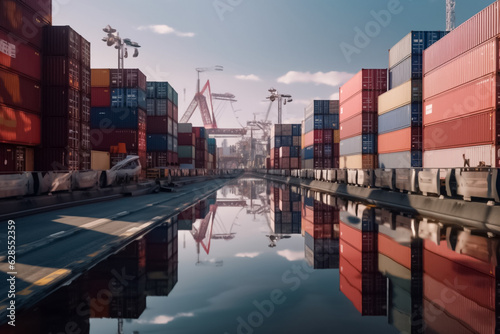 Wallpaper Mural a row of cargo containers ready for international export, with a busy shipping pier as the backdrop. Embodying the seamless logistics and extensive reach of containerized shipping. Generative AI. Torontodigital.ca