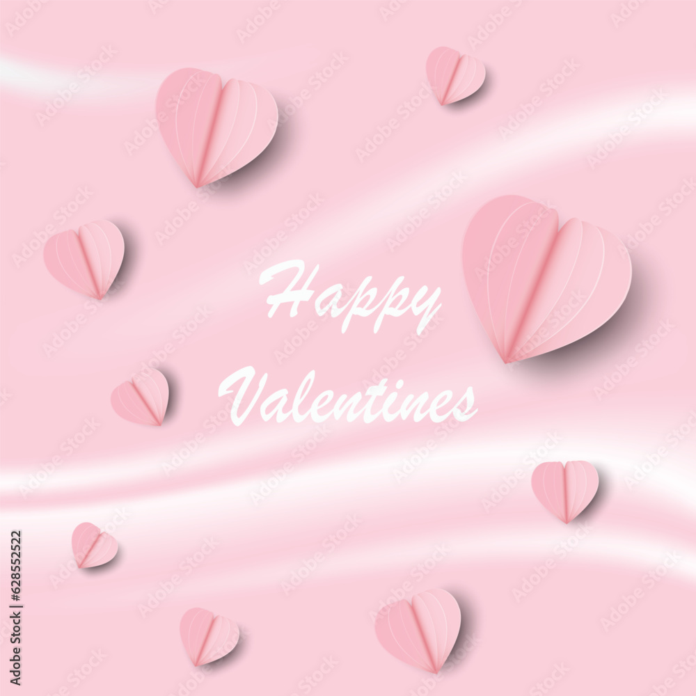The love card , background is decorated in pink tones with heart paper decorated with happy valentine's day text in the frame.