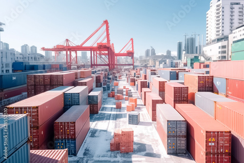 Winter scene of cargo containers for export, dusted with snow, Symbolizing transportation logistics and international container cargo shipping. Generative AI.