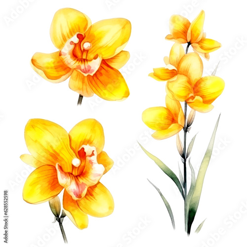 Set of yellow orchid floral watecolor. flowers and leaves. Floral poster  invitation floral. Vector arrangements for greeting card or invitation design 