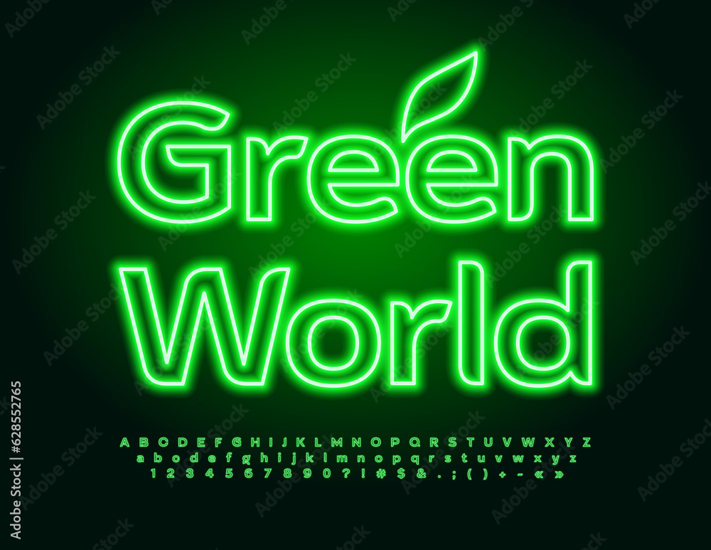 Naklejka premium Vector eco concept Green World. Elegant Neon Font. Bright Electric Alphabet Letters and Numbers set