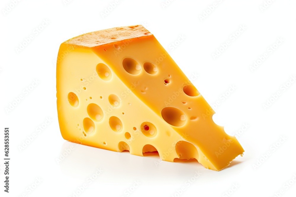 Close up of delicious fresh cut cheese product on white background