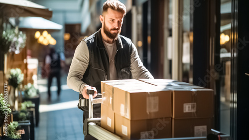 Man pushes hand truck trolley full of cardboard boxes hands. Shipment concept.  © BlazingDesigns