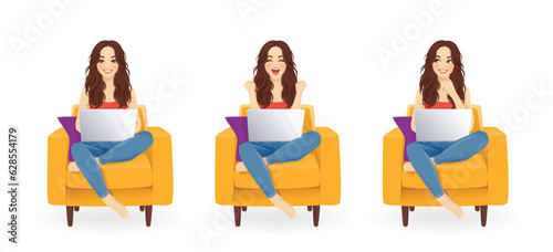 Young beautiful woman using laptop computer sitting in cozy yellow armchair set with different gestures. Isolated vector illustration