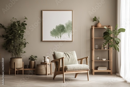 Design for a stylish living room that includes a mock up poster frame  a wooden armchair  a shelf  a side table  plants  and original home decor. a wall of eucalyptus. housing staging Template. Copy s