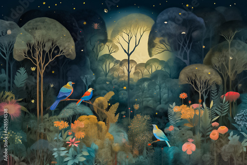 A paper cut artwork of a group of birds perched on branches in a dark blue gold and colorful design round forest at night. generative AI. photo