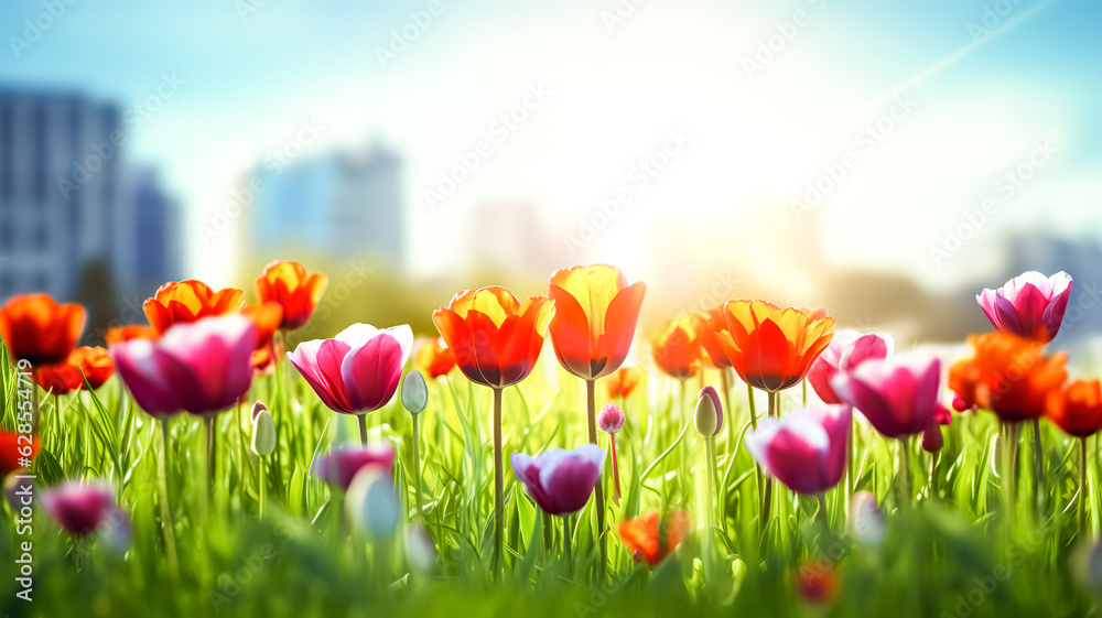 Obraz premium selective focus.closeup of fantasy multicolor tulip flower blooming and butterfly flying in garden with landscape city view.nature spring background.generative ai art